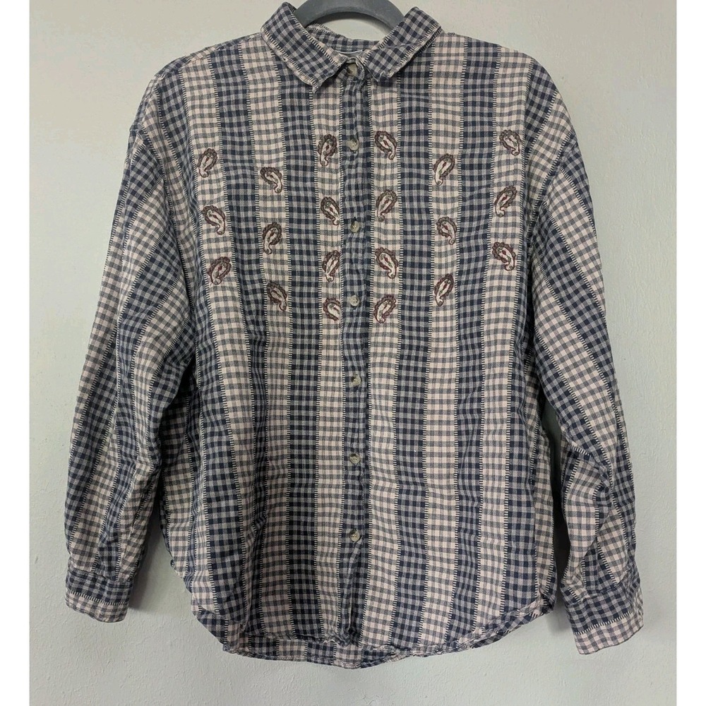 Cabin Creek 2X Plus Blue Plaid Paisley Embroidered Cottagecore Shirt